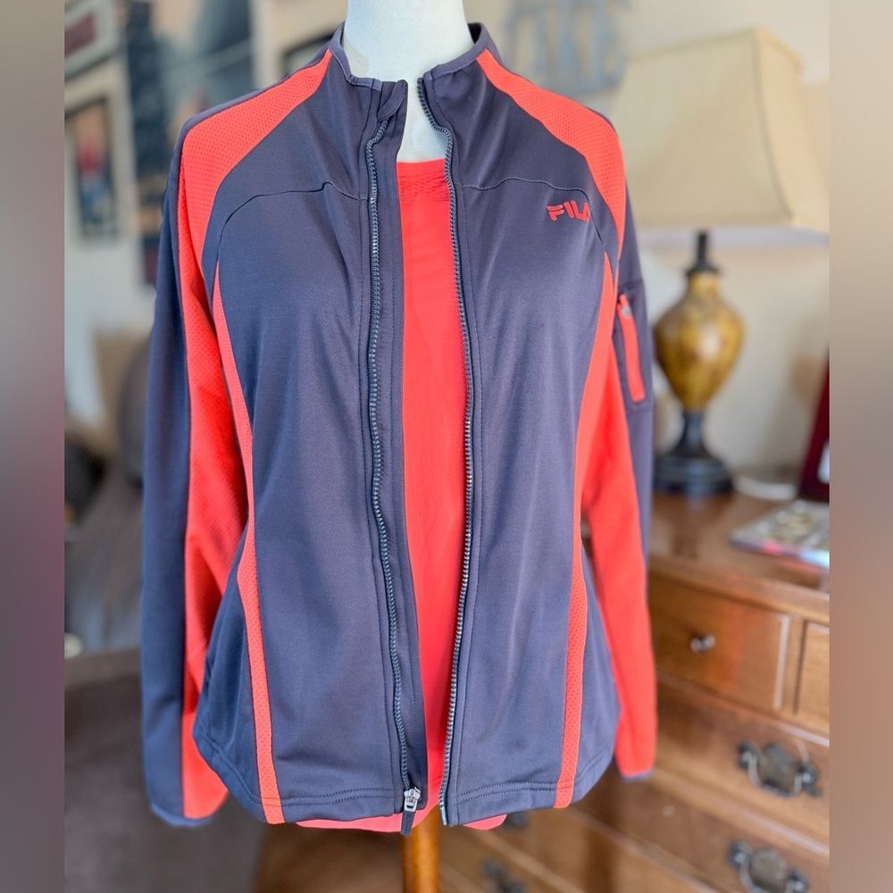 Fila Women's 2 Piece Neon Red Orange and Gray Short Sleeve Top and Jacket - Picture 2 of 13